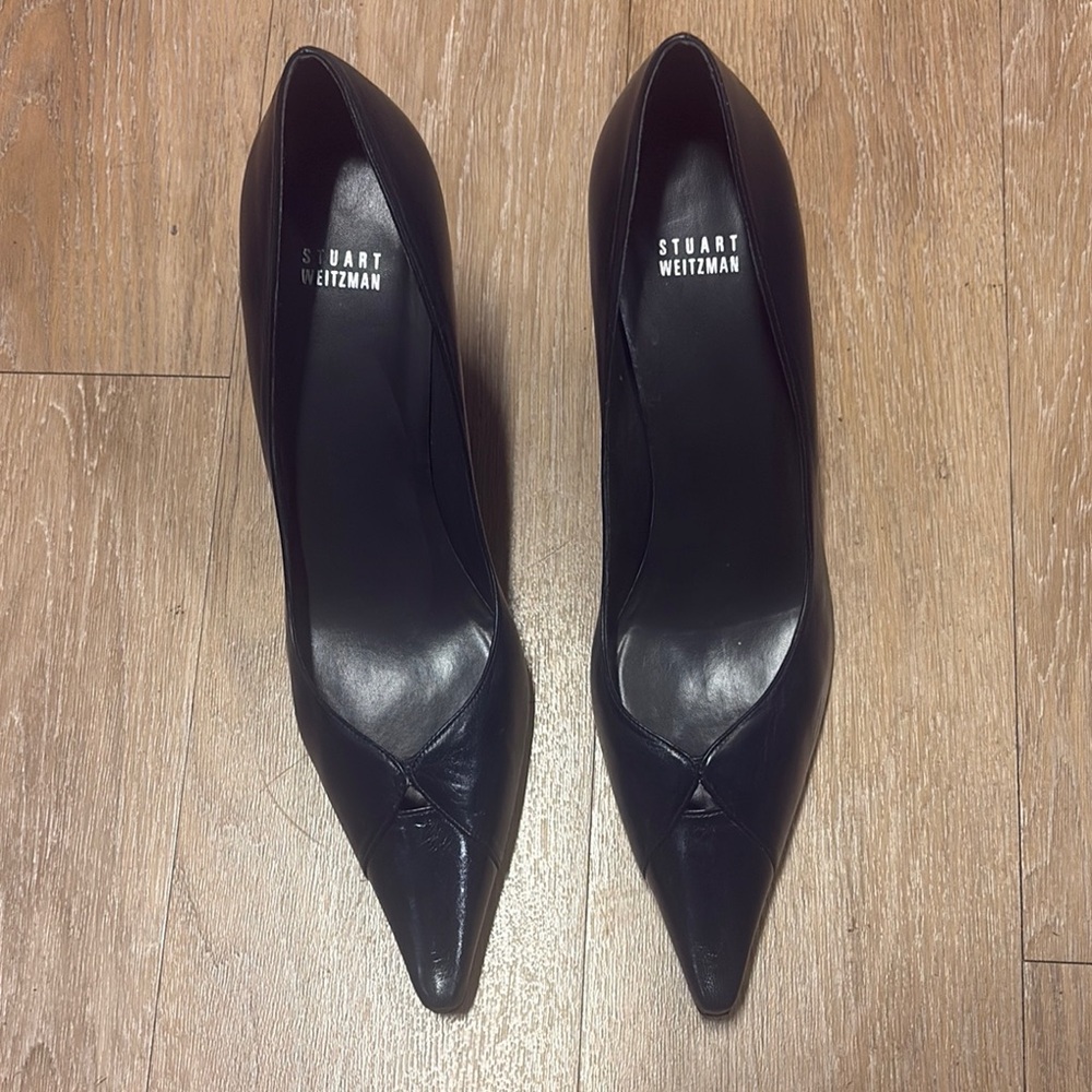 Stuart Weitzman Black Pointed-Toe Leather Pumps 12W